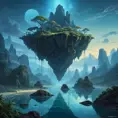 A surreal, otherworldly landscape with floating islands of rock and vegetation, suspended in a misty, twilight sky, with bioluminescent plants glowing softly.