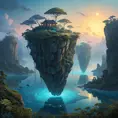 A surreal, otherworldly landscape with floating islands of rock and vegetation, suspended in a misty, twilight sky, with bioluminescent plants glowing softly.