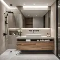 A modern bathroom with a large, walk-in shower featuring a rainfall shower head, a floating vanity with a sleek sink and mirror, and a heated towel rack. The room features a minimalist color palette with accents of warm wood and natural stone.