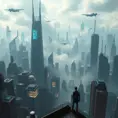 A panoramic view of a cyberpunk city, sprawling skyscrapers pierce the smog-filled sky, holographic advertisements flash on buildings, flying vehicles weave through the air, a lone figure stands on a rooftop, gazing at the sprawling cityscape.