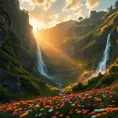 A hidden valley bathed in the golden light of dawn, waterfalls cascading down moss-covered cliffs, a blanket of vibrant wildflowers in the foreground, hyperrealistic, 8k