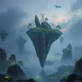 A surreal, otherworldly landscape with floating islands of rock and vegetation, suspended in a misty, twilight sky, with bioluminescent plants glowing softly.
