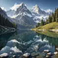 A serene alpine lake reflecting the towering, snow-capped peaks of the surrounding mountains, with a gentle mist hovering over the water's surface.