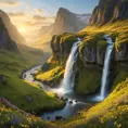 A hidden valley bathed in the golden light of dawn, waterfalls cascading down moss-covered cliffs, a blanket of vibrant wildflowers in the foreground, hyperrealistic, 8k