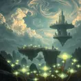 A surreal, otherworldly landscape, with floating islands suspended in a sky filled with swirling clouds. Strange, bioluminescent plants illuminate the scene with an ethereal glow.