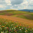 A rolling meadow carpeted with a patchwork of wildflowers in every hue imaginable, with a gentle breeze causing the field to ripple like a living tapestry.