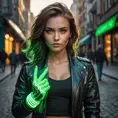 Rogue in a leather jacket, glowing green hands, defiant expression, rebellious attitude, urban setting, street art style, vibrant colors, cinematic lighting