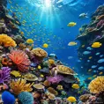 A vibrant, colorful coral reef teeming with marine life, including schools of fish, sea turtles, and vibrant anemones, all set against the deep blue ocean.