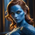 Mystique shifting into form, blue scales transforming into smooth skin, piercing yellow eyes, a hint of mischief, dynamic pose, dramatic lighting, photorealistic