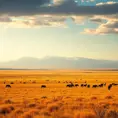 A panoramic view of a vast, golden savannah at dawn, with herds of wildlife grazing and a distant, snow-capped mountain range on the horizon.