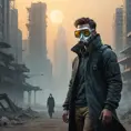 A cyberpunk dystopia, a desolate wasteland dotted with crumbling skyscrapers, the air thick with smog and radiation, a lone figure walks through the wasteland, their face obscured by a mask, carrying a flickering lantern.