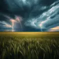 A vast, open prairie under a dramatic thunderstorm, with lightning bolts illuminating the dark clouds and the tall grass swaying in the strong winds.