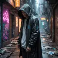 A decaying cyberpunk alleyway, graffiti-covered walls illuminated by flickering neon signs, a lone figure in a hooded cloak sifting through trash, the air thick with the smell of ozone and decay.
