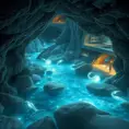 A hidden grotto bathed in ethereal moonlight, with crystal clear water flowing over smooth, white stones. Bioluminescent creatures illuminate the cave walls, casting an otherworldly glow.