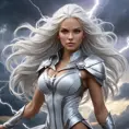 Storm commanding the weather, lightning crackling around her, eyes glowing white, flowing white hair, powerful stance, epic scale, dramatic sky, fantasy art style