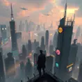 A panoramic view of a cyberpunk city, sprawling skyscrapers pierce the smog-filled sky, holographic advertisements flash on buildings, flying vehicles weave through the air, a lone figure stands on a rooftop, gazing at the sprawling cityscape.