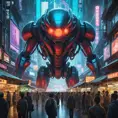 A bustling cyberpunk market, overflowing with vendors selling strange gadgets and bio-engineered goods. In the background, a holographic projection of a monstrous cybernetic creature looms over the crowd, its eyes glowing red.