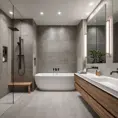 A modern bathroom with a large, walk-in shower featuring a rainfall shower head, a floating vanity with a sleek sink and mirror, and a heated towel rack. The room features a minimalist color palette with accents of warm wood and natural stone.