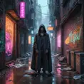 A decaying cyberpunk alleyway, graffiti-covered walls illuminated by flickering neon signs, a lone figure in a hooded cloak sifting through trash, the air thick with the smell of ozone and decay.