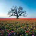 A field of vibrant wildflowers bursting into bloom, stretching as far as the eye can see. A solitary, ancient oak tree stands sentinel, its gnarled branches reaching out like protective arms.