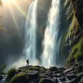 A majestic waterfall cascading down a sheer cliff face, sunlight illuminating the mist, creating a rainbow. Lush ferns and moss adorn the rocks, with a lone hiker silhouetted against the spray.