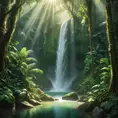 A cascading waterfall surrounded by lush, emerald-green rainforest, with rays of sunlight piercing through the dense canopy, creating a magical, ethereal glow.