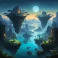A surreal, otherworldly landscape with floating islands of rock and vegetation, suspended in a misty, twilight sky, with bioluminescent plants glowing softly.