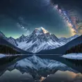 A snow-covered mountain range under a clear, starry night sky, with the Milky Way visible in the background and a frozen lake reflecting the celestial beauty.