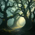 A mystical forest bathed in mist, ancient trees adorned with glowing moss, a path winding its way through the ethereal landscape, dappled sunlight, magical realism