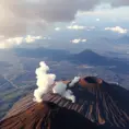 A breathtaking view from the summit of a volcanic peak, with plumes of smoke rising from the crater. Below, a vast, undulating landscape stretches out towards the horizon, dotted with scattered villages.
