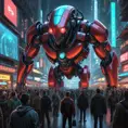 A bustling cyberpunk market, overflowing with vendors selling strange gadgets and bio-engineered goods. In the background, a holographic projection of a monstrous cybernetic creature looms over the crowd, its eyes glowing red.