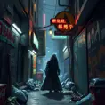 A decaying cyberpunk alleyway, graffiti-covered walls illuminated by flickering neon signs, a lone figure in a hooded cloak sifting through trash, the air thick with the smell of ozone and decay.