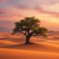 A vast, golden desert under a twilight sky, with dunes stretching endlessly, and a lone, ancient tree standing as a sentinel against the encroaching sands.