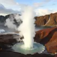 A bubbling geyser erupting in a dramatic display of steam and water, set against a backdrop of a rugged, volcanic landscape.