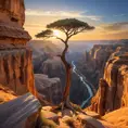 A vast, otherworldly canyon carved by time, with towering sandstone formations reaching towards a vibrant, sunset sky. A lone, weathered tree clings to the edge, its roots grasping the ancient rock.