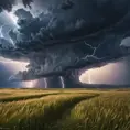 A vast, open prairie under a dramatic thunderstorm, with lightning bolts illuminating the dark clouds and the tall grass swaying in the strong winds.