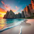 A pristine, white-sand beach with turquoise waters lapping at the shore, backed by towering, jagged cliffs and a vibrant, tropical sunset.
