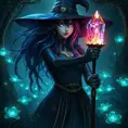 A mysterious witch with deep violet eyes and hair that cascades like a waterfall of ink, standing in a hidden glade filled with bioluminescent plants, her staff topped with a glowing crystal that pulses with ancient magic