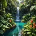 A hidden waterfall cascades into a crystal-clear pool surrounded by vibrant flowers and lush ferns. (Paradise, tropical, hidden oasis, untouched)