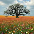 A field of vibrant wildflowers bursting into bloom, stretching as far as the eye can see. A solitary, ancient oak tree stands sentinel, its gnarled branches reaching out like protective arms.