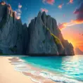 A pristine, white-sand beach with turquoise waters lapping at the shore, backed by towering, jagged cliffs and a vibrant, tropical sunset.