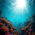 Bio luminescent coral reefs teeming with colorful fish, sunlight filtering through the crystal-clear water, creating dancing patterns of light and shadow, serene and magical