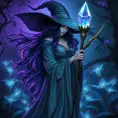 A mysterious witch with deep violet eyes and hair that cascades like a waterfall of ink, standing in a hidden glade filled with bioluminescent plants, her staff topped with a glowing crystal that pulses with ancient magic