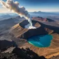 A breathtaking view from the summit of a volcanic peak, with plumes of smoke rising from the crater. Below, a vast, undulating landscape stretches out towards the horizon, dotted with scattered villages.