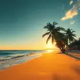 A tranquil beach at sunset, with golden sand meeting the turquoise ocean. Palm trees sway gently in the warm breeze, casting long shadows across the shore.