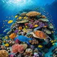 A vibrant, colorful coral reef teeming with marine life, including schools of fish, sea turtles, and vibrant anemones, all set against the deep blue ocean.