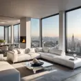A minimalist living room with a large, panoramic window overlooking a bustling city skyline. Sunlight streams through the window, illuminating a white leather sofa, a sleek coffee table made of polished chrome, and a modern fireplace with a glowing fire.