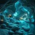 A hidden grotto bathed in ethereal moonlight, with crystal clear water flowing over smooth, white stones. Bioluminescent creatures illuminate the cave walls, casting an otherworldly glow.