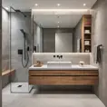 A modern bathroom with a large, walk-in shower featuring a rainfall shower head, a floating vanity with a sleek sink and mirror, and a heated towel rack. The room features a minimalist color palette with accents of warm wood and natural stone.