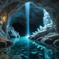 A hidden grotto bathed in ethereal moonlight, with crystal clear water flowing over smooth, white stones. Bioluminescent creatures illuminate the cave walls, casting an otherworldly glow.